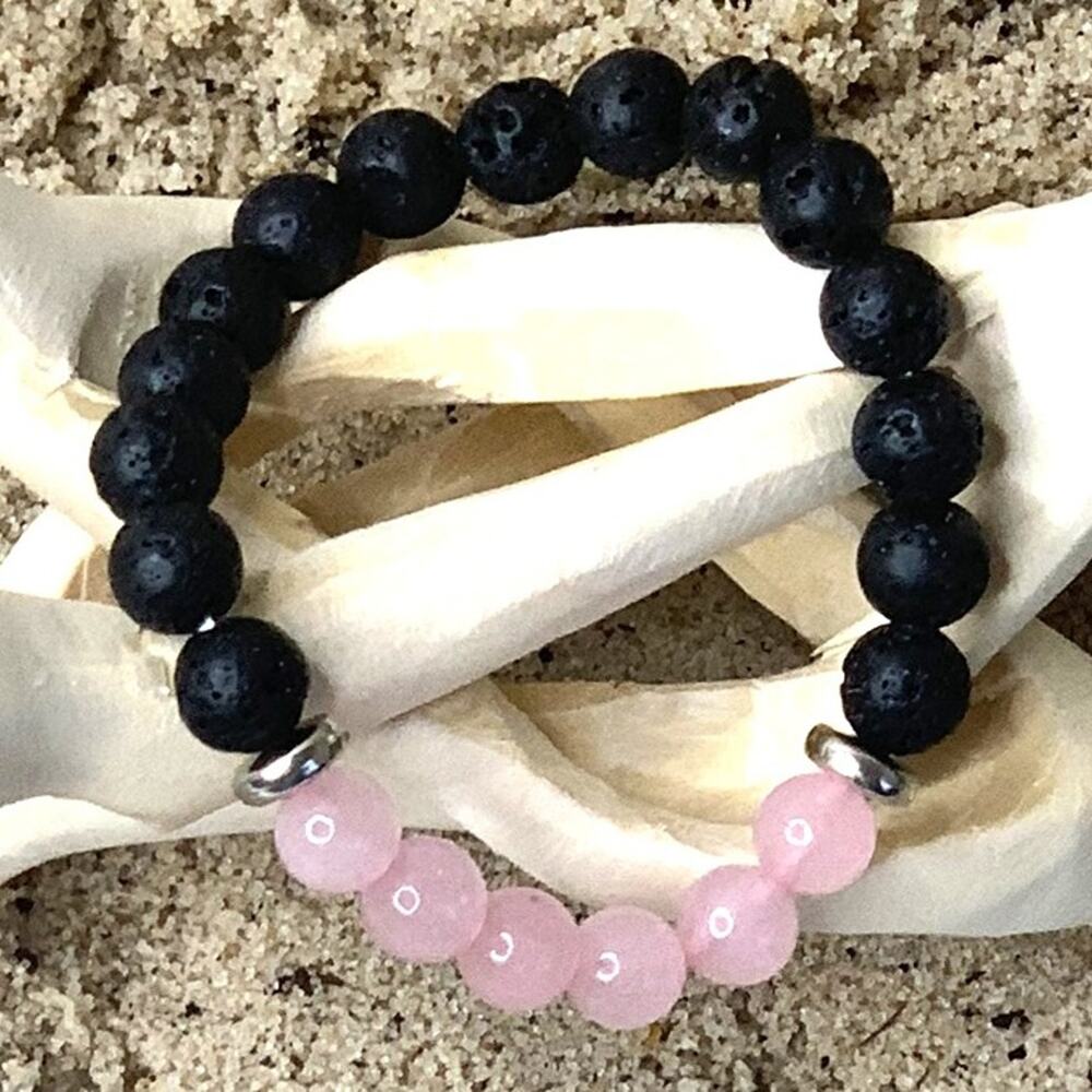Rose Quartz & Lava Stone Yoga Bracelet – Healing Crystal Chakra Mala Beads